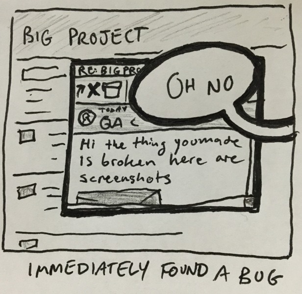 immediately found a bug. still on the same ticket screen, i've received an email from qa titled &ldquo;RE: BIG PROJECT&rdquo; that says &ldquo;Hi the thing you made is broken here are screenshots.&rdquo; oh no
