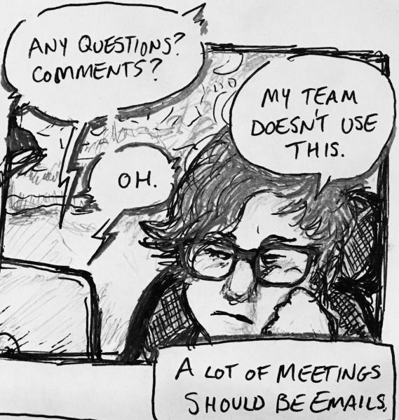 &ldquo;any questions? comments?&rdquo; the meeting organizer asks. &ldquo;my team doesn't use this,&rdquo; i say flatly. &ldquo;oh,&rdquo; comes the reply. a lot of meetings should be emails.