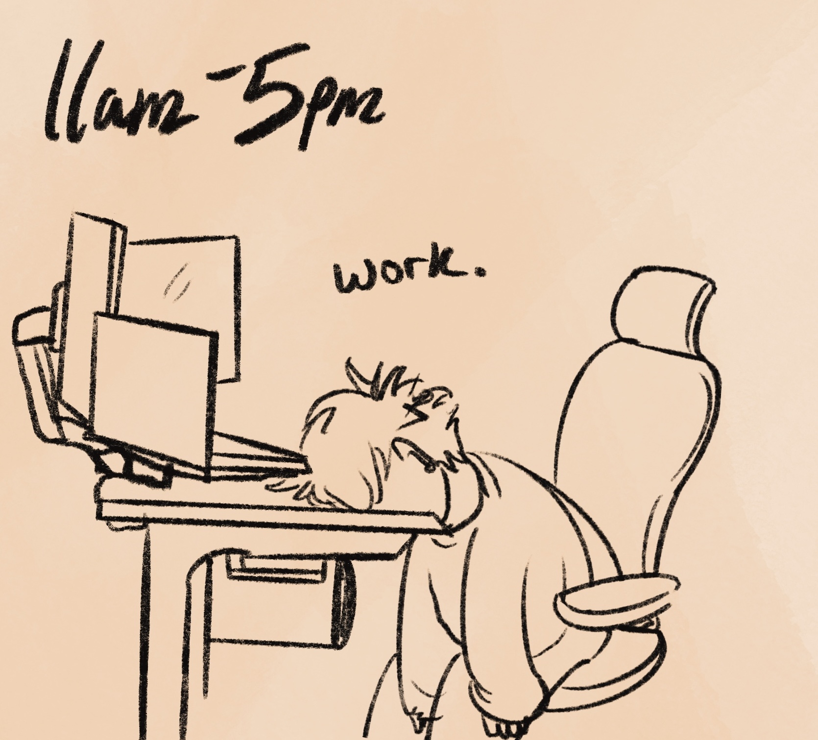 digitally drawn comic with caption: &ldquo;11am to 5pm: work.&rdquo; that appears to be a loose definition of &ldquo;work&rdquo; as i'm slumped in my computer chair with my face down on my desk, not appearing to be accomplishing very much. this panel is very sparse and sketchy compared to the others and i clearly did not have much time to draw it.